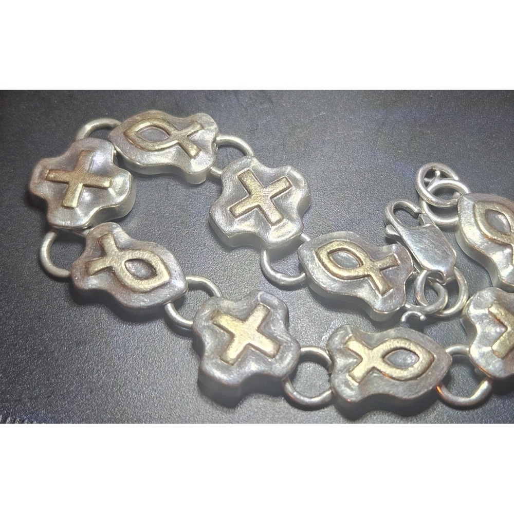 Jeep Collins JEC Sterling-14K Gold Cross Fish Link Bracelet 27g Retired Vintage